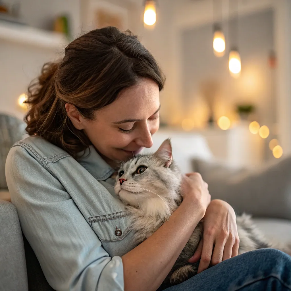 A pet owner with their cat
