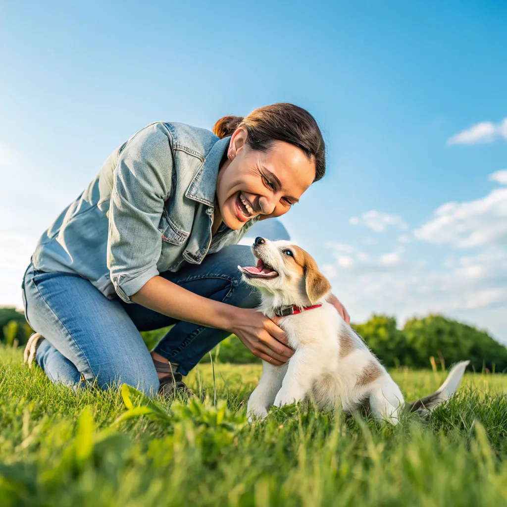 A happy pet owner with a playful puppy